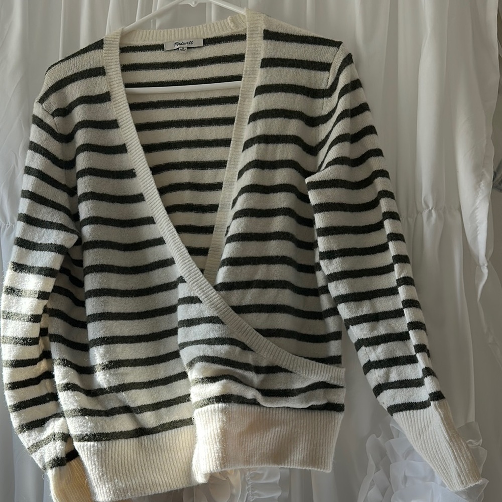 Striped Wrap-Front Sweater in Cream and Gray